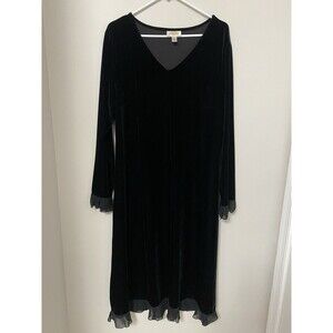 Talbots Black Velvet L/S Sheer Lace Accent Sheath Dress  XL Knee Length V Neck